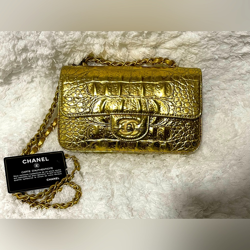 CHANEL Gold Embossed Croc Mini Flap Bag